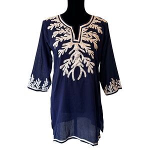 Vintage ADVANCE APPARELS Boho 100% Cotton Navy Semi-Sheer Coastal Tunic Womens M